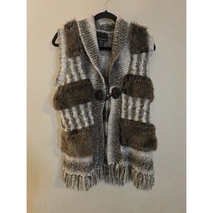 CYNTHIA ROWLEY Women's Size Large Wool Blend Sweater Vest Faux Fur Fringe Toggle